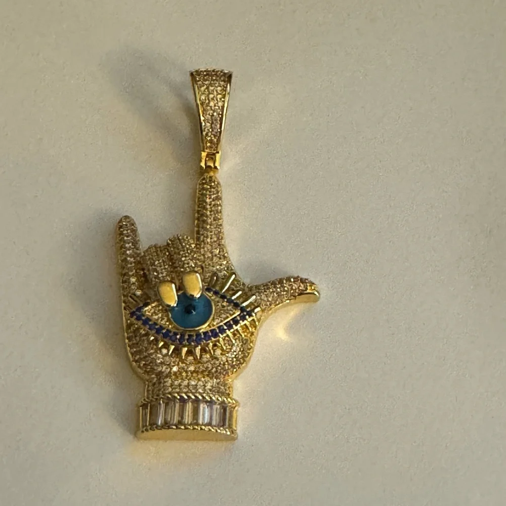 Rock N Roll Hand Evil Eye Pendant ICY Gold and Blue Hand Pendant